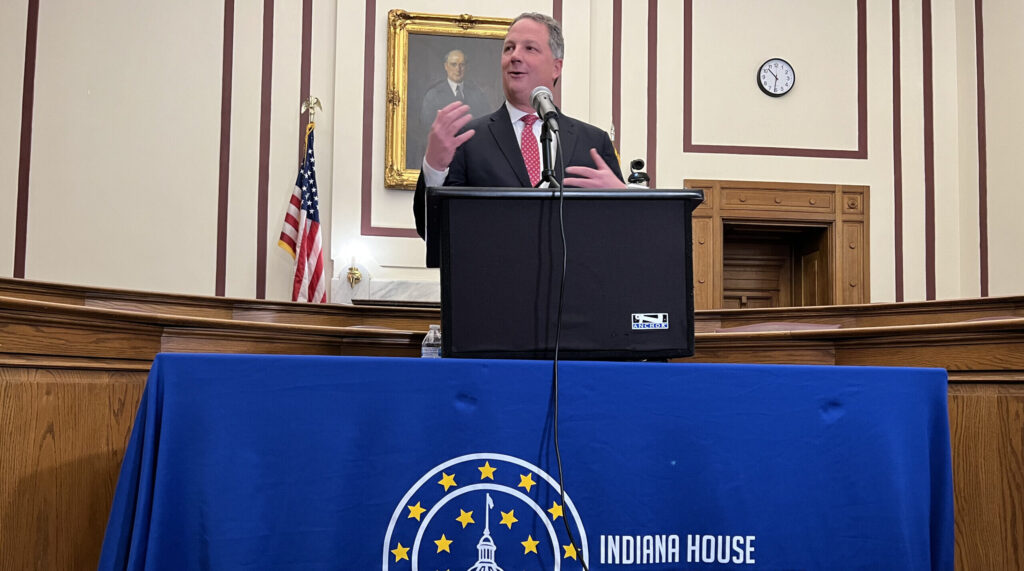  Indiana House Speaker Todd Huston, R-Fishers, outlined his caucus’ 2023 legislative priorities on Jan. 12, 2023, at the Statehouse. (Casey Smith/Indiana Capital Chronicle)