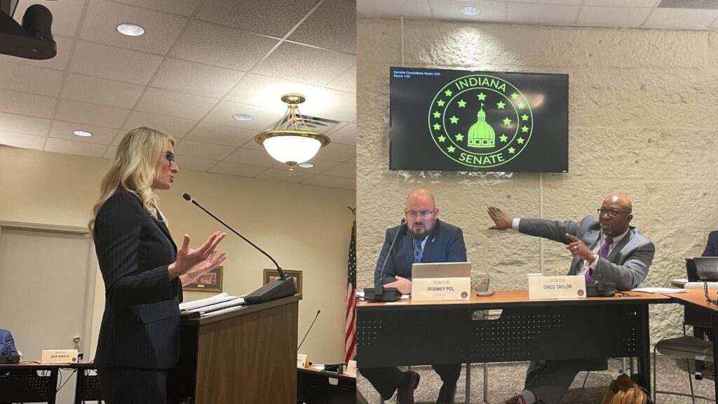 Left: Courtney Curtis, assistant executive director for the Indiana Prosecuting Attorneys Council, testifies before the Senate Corrections and Criminal Code Committee on Tuesday, Jan. 17, 2023. Right: Sen. Greg Taylor, D-Indianapolis, makes a point about a constitutional change limiting the right to bail. (Leslie Bonilla Muñiz/Indiana Capital Chronicle)