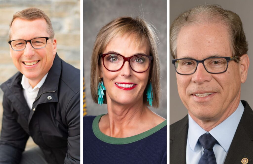 Eric Doden, Lt. Gov. Suzanne Crouch, U.S. Sen. Mike Braun, left to right, are candidates for governor in 2024. (Collage of official portraits)