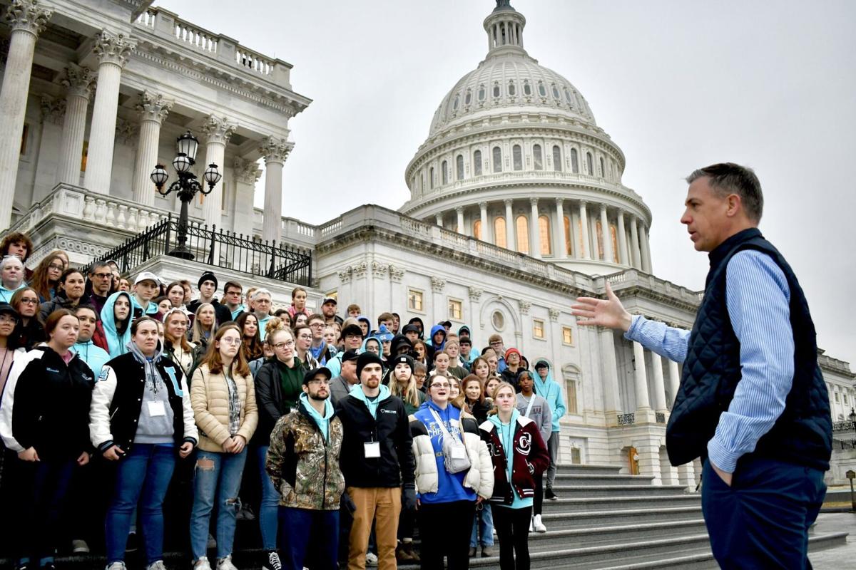 U.S. Rep. Jim Banks, R-Columbia City, a candidate for Indiana's 2024 Republican U.S. Senate nomination, speaks with Hoosier students Jan. 19 outside the U.S. Capitol ahead of the annual March for Life anti-abortion event in Washington, D.C. Congressman Jim Banks Facebook