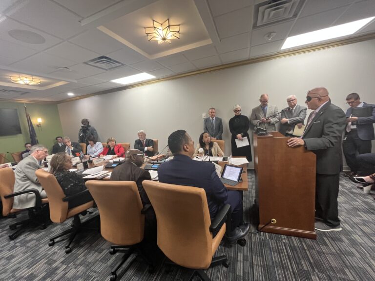 At right, Rep. Doug Miller, R-Elkhart, presents his proposal to establish a revolving fund for housing infrastructure before committee on Jan. 24, 2022. (Whitney Downard/Indiana Capital Chronicle)
