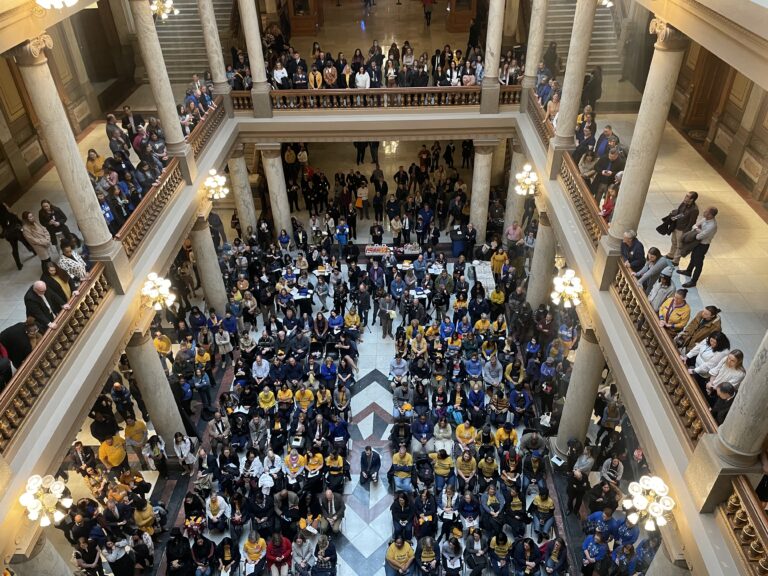 Hundreds of Hoosiers rallied for public health at the Indiana Statehouse on January 26, 2023. (Photo by Gabriel Bosslet)