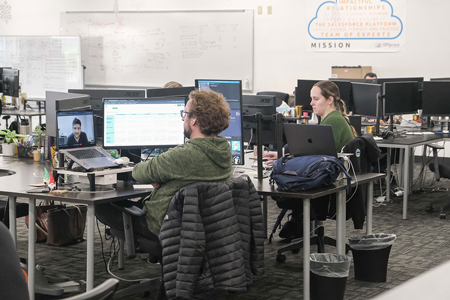 The Launch Fishers coworking space, which is in the Nickel Plate District Certified Technology Park, has 130 member companies representing nearly 600 employees. (IBJ photo/Eric Learned)
