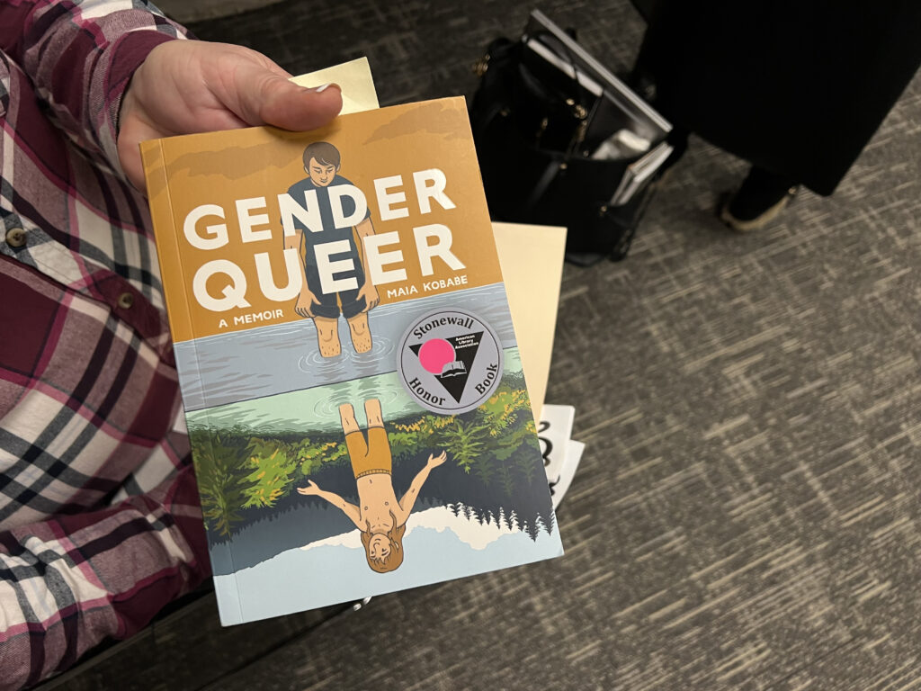 The book, “Gender Queer,” authored by Maia Kobabe, was included in the debate about material deemed “harmful to minors” in the Senate Judiciary Committee on Wednesday, Feb. 15, 2023, at the Indiana Statehouse. (Casey Smith/Indiana Capital Chronicle)
