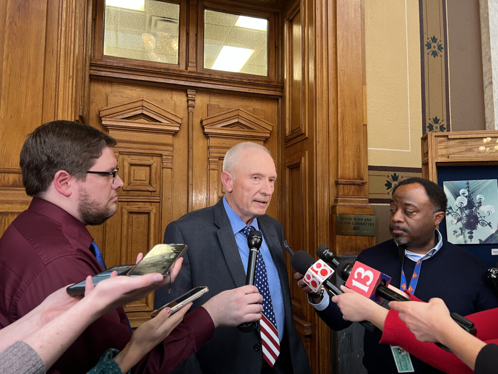 Rep. Jeff Thompson, R-Lizton, discusses the latest budget proposed by Indiana House Republicans during a news conference on Friday, Feb. 17, 2023, at the Statehouse. (Casey Smith/Indiana Capital Chronicle)