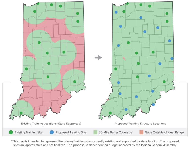 A map of Indiana’s existing training locations compared to a $13 million expansion. (From the Department of Homeland Security)
