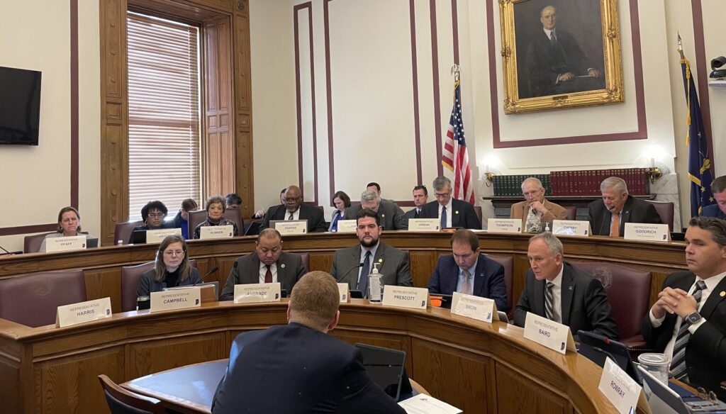 Rep. Ethan Manning, R-Logansport, presents an amendment to his anti-ESG bill to the powerful House Ways and Means Committee on Tuesday, Feb. 21, 2023. (Leslie Bonilla Muñiz/Indiana Capital Chronicle)