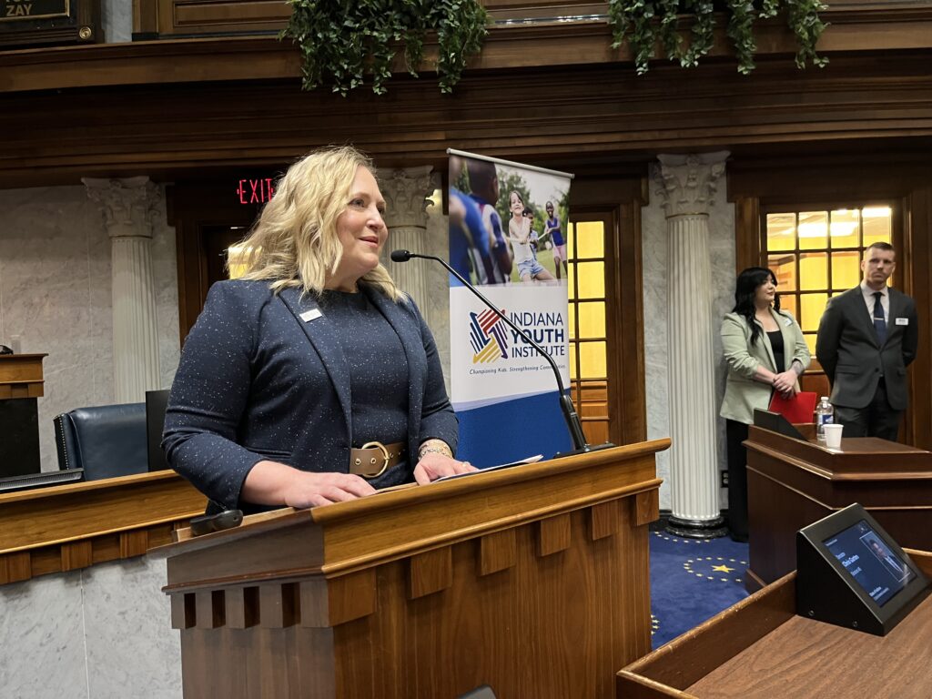 Tami Silverman, the Indiana Youth Institute’s CEO and president, presents the latest Kids Count Data Book at the Statehouse. (Whitney Downard/Indiana Capital Chronicle)