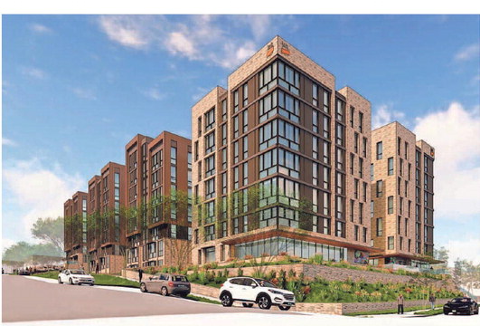 A rendering of a new apartment building planned for the location of the former Great Wall restaurant. The rendering shows the property’s northwest corner. Provided by City of Bloomington