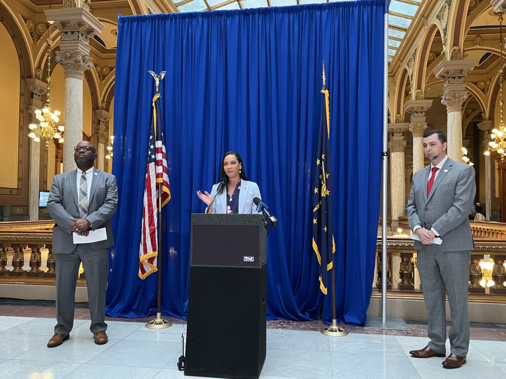 Democratic Sens. Andrea Hunley, (center) along with Greg Taylor (left) and Fady Qaddoura, (right) all of Indianapolis, speak at a news conference on Thursday, March 23, 2023 at the Indiana Statehouse.