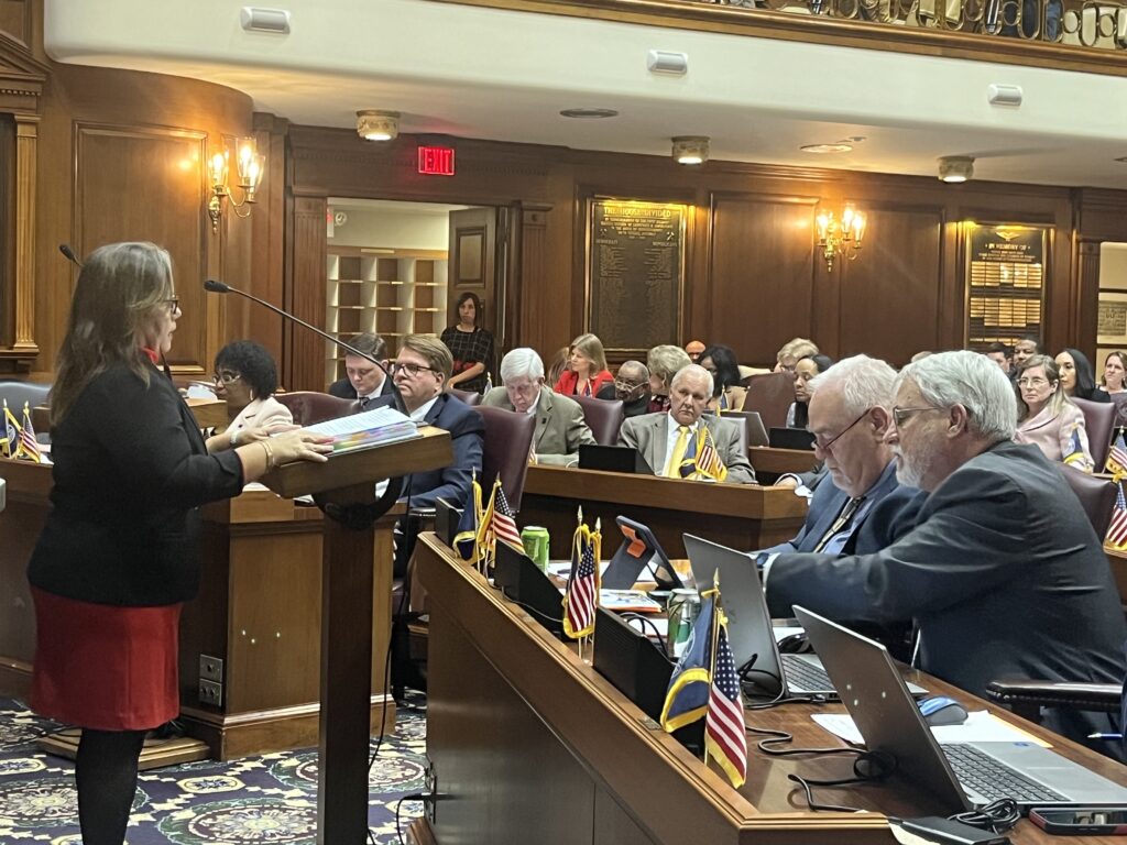 Rep. Joanna King, R-Middlebury, introduces a bill that would ban parents from directing their child’s gender-affirming healthcare. (Whitney Downard/Indiana Capital Chronicle)