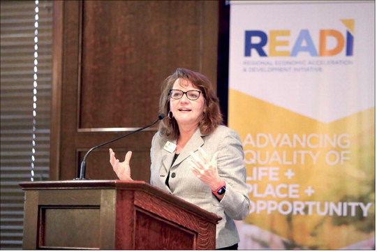 Wendy Dant Chesser, president and CEO of One Southern Indiana, talks about the READI program during a Tuesday event at Huber’s Orchard & Winery. Photo by Brooke McAfee | News and Tribune