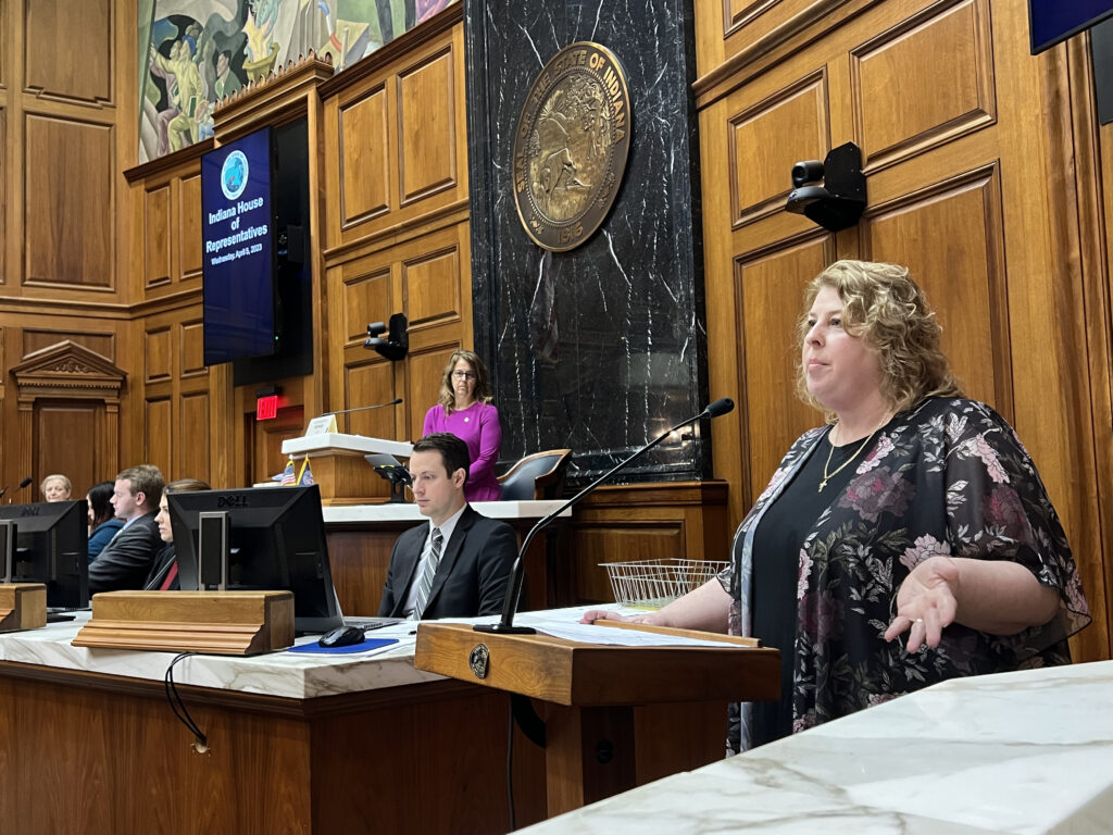 Diane Rogers, librarian at Ben Davis Ninth Grade Center in Indianapolis and vice president of the Indiana Library Federation, testifies before the House Education Committee on Wednesday, April 5, 2023, at the Indiana Statehouse. (Casey Smith/Indiana Capital Chronicle)