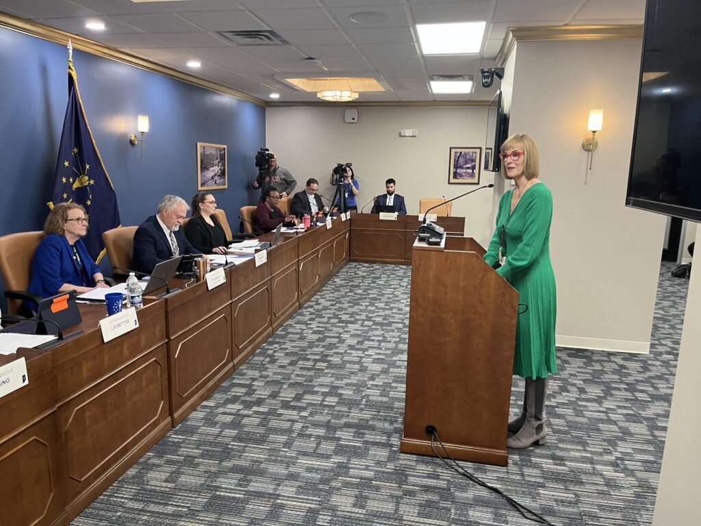 Lt. Gov. Suzanne Crouch shares her family’s struggles with mental illness before the House Public Health Committee. (Whitney Downard/Indiana Capital Chronicle)