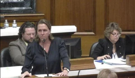 Rep. Tonya Pfaff,  D-Terre Haute, spoke in opposition to House Bill 1334, which passed 64-30. “It is unnecessary to make it more difficult for the elderly, people voting by travel board, or those serving in the military to vote. It won't make elections safer, and only serves to hamper democracy. Please vote no,” Pfaff said. Photo by Xain Ballenger, TheStatehouseFile.com