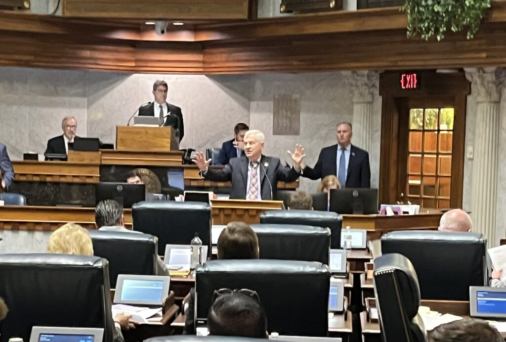 Sen. Ed Charbonneau, R-Valparaiso, passionately defends a health care bill on the last night of the 2023 legislative session. (Whitney Downard/Indiana Capital Chronicle)