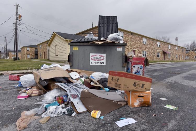 Dumpsters overflow with trash at Bingham Square Apartments in January 2023. The apartments in Anderson are owned by Property Resource Associates, based in Palm Beach County, Florida. Richard Sitler | The Herald Bulletin