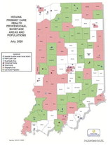 A map showing Indiana’s primary care health professional shortage areas and populations. Most rural counties are considered a shortage area, as well as areas of Indianapolis and Fort Wayne. Indiana Department of Health