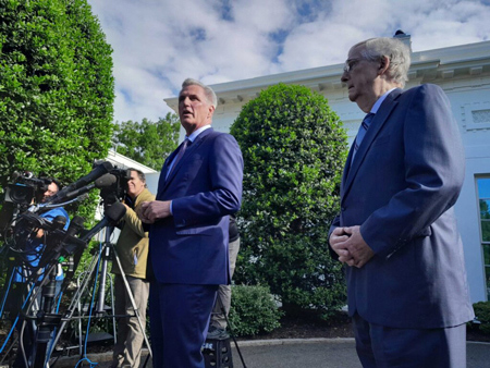 U.S. House Speaker Kevin McCarthy, left, and Senate Minority Leader Mitch McConnell outside the White House following a meeting on the debt limit with President Joe Biden and Democratic congressional leaders on May 9, 2023. (Ashley Murray/States Newsroom)