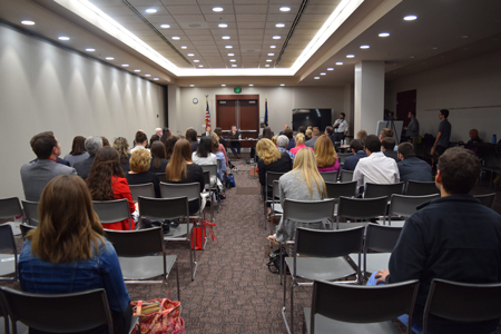 The room that held the medical licensing hearing of Dr. Caitlin Bernard on May 25, 2023. (Whitney Downard/Indiana Capital Chronicle)