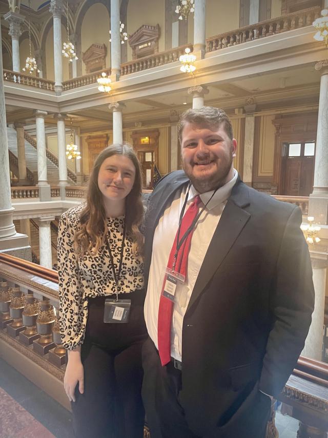 Franklin College journalism majors Ashlyn Myers, left, and Xain Ballenger completed more than 100 stories while covering the 2023 legislative session at the Indiana Statehouse. Staff photo.