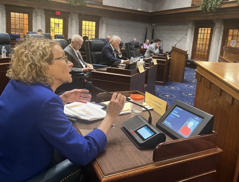Rep. Donna Schaibley, R-Carmel, asks a question at a taskforce meeting to reduce Indiana’s health care costs. (Whitney Downard/Indiana Capital Chronicle)