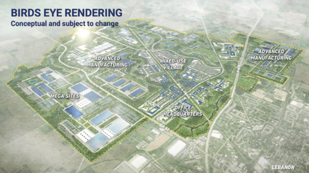 A rendering of a proposed LEAP Innovation District in Boone County, the biggest capital investment secured by the state in 2022. (From the IEDC December 2022 agenda presentation)