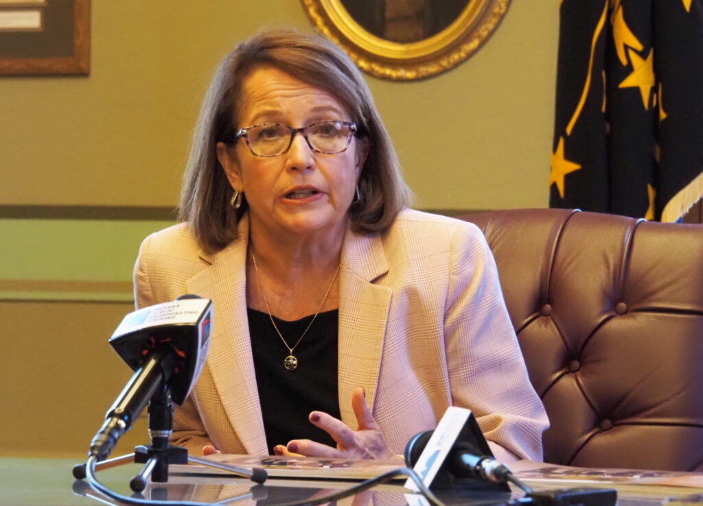 Indiana Supreme Court Chief Justice Loretta Rush talks about the court’s work on behavioral health and accessibility on Thursday, Nov. 9, 2023. (Leslie Bonilla Muñiz/Indiana Capital Chronicle)