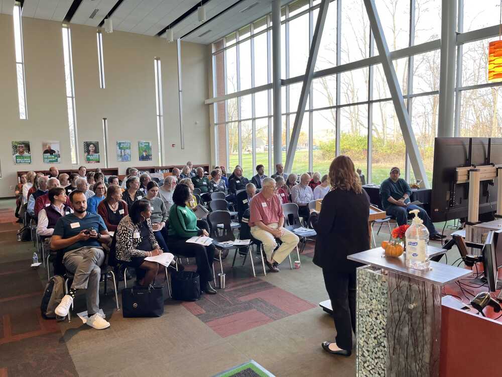 Addressing a nearly full house at Ivy Tech Greencastle Thursday morning, Putnam County Community Foundation Executive Director Neysa Meyer summarizes the findings of the recent community needs assessment. PCCF will publish a full report on the assessment in December. Banner Graphic/JARED JERNAGAN