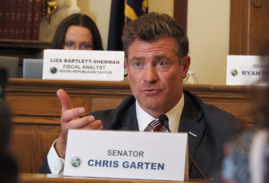 Sen. Chris Garten (R-Charletown) questions agencies about their fees and fines at a Nov. 14 State Budget Committee meeting. (Whitney Downard/Indiana Capital Chronicle)