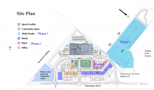 Indianapolis-based Milhaus plans to build a 125-room hotel, a 228-unit apartment development and 75-for-rent townhouses in the initial phase of the redevelopment of the Maurer Commons project. (Image courtesy town of Whitestown)