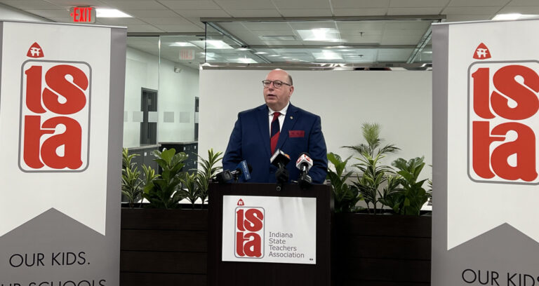 Indiana State Teachers Association president Keith Gambill discusses the union’s 2024 legislative priorities during a news conference on Nov. 28, 2023. (Casey Smith/Indiana Capital Chronicle)