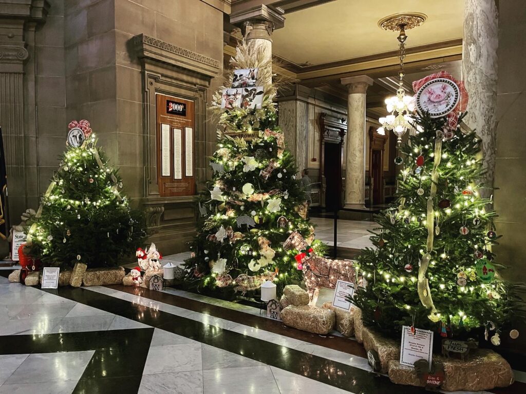 The 2022 Christmas tree display in the Indiana Statehouse. (Niki Kelly/Indiana Capital Chronicle)