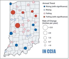 This graphic shows where groundwater levels are going down and going up across Indiana. Indiana uses much of its groundwater for public, agricultural and industrial water use. It’s hard to quantify because of the complexity of the many aquifer systems in Indiana. Graphic produced by Purdue University’s Institute for a Sustainable Future