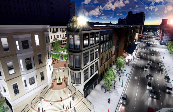 A conceptual rendering of Hendricks Commercial Properties’ plans for what is now Circle Centre Mall. This view is from the intersection of Illinois and Washington streets, looking southeast.
(Rendering courtesy of Hendricks Commercial Properties)