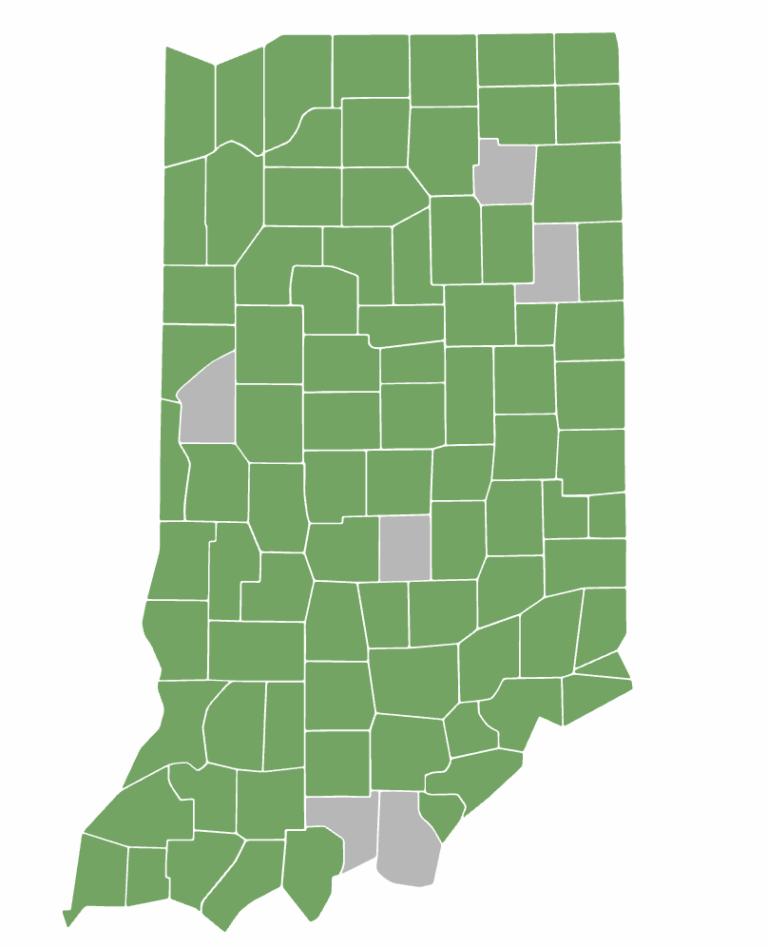  The state map showing counties that did in green), and did not, accept new public health funding. (Health First Indiana)