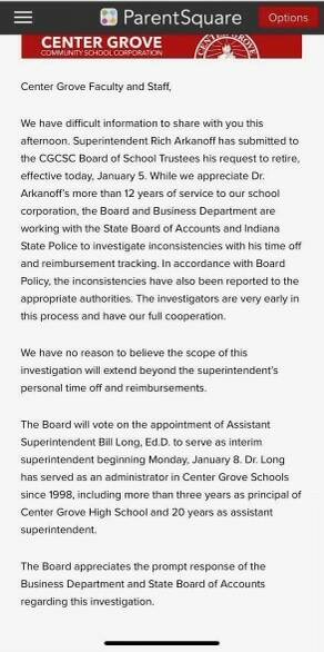 The text of the letter to staff that was sent Friday on behalf of the Center Grove School Board.  Photo provided