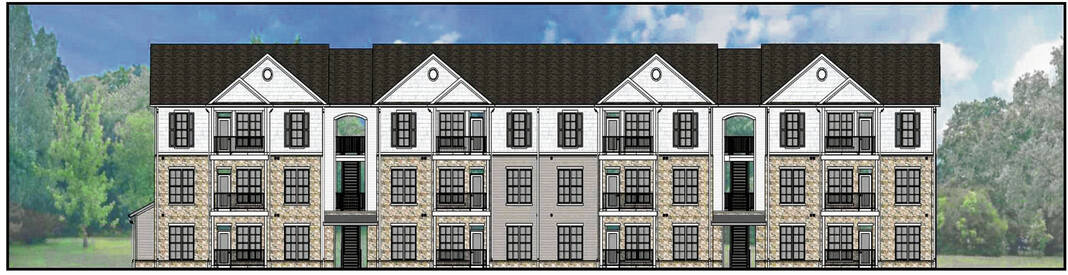 This design rendering by Archhall Architects shows the front and side views for a proposed apartment complex on State Road 135 in Greenwood. Provided by city of Greenwood