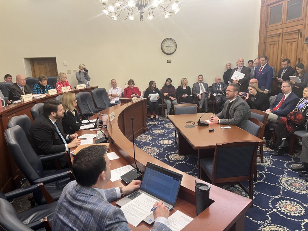 Noblesville Mayor Chris Jensen testifies in support of Senate Bill 10 to establish a Community Cares Initiative, which would distribute grants to counties for mobile crisis and mobile integrated health units. (Whitney Downard/Indiana Capital Chronicle)