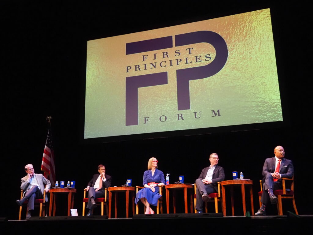  The five major Republican candidates for governor on a stage in Carmel on Jan. 25, 2024. (Whitney Downard/Indiana Capital Chronicle)