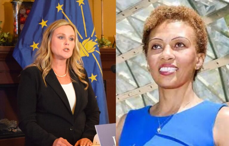 The Democrat candidates for governor are Jennifer McCormick, left, and Tamie Dixon-Tatum. (McCormick image by Casey Smith/Indiana Capital Chronicle; Dixon-Tatum image via campaign website)
