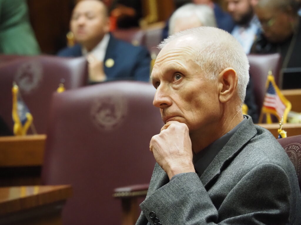 Rep. Jeff Thompson, R-Lizton, is the author of a bill with several property tax-lowering tweaks that have sparked fear in local units of government and schools that stand to lose out. He sits in the House Chamber on Tuesday, Nov. 21, 2023. (Leslie Bonilla Muñiz/Indiana Capital Chronicle)