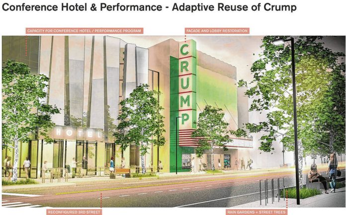 A 10-story hotel and conference center is envisioned next to the historic Crump Theatre in one concept being considered in the Envision Columbus strategic planning process for Third Street in downtown Columbus. The hotel lobby and conference center would be on floors 1-3, with rooms on floors 4-10. Architect’s rendering from Strategic Columbus working plan. Provided image