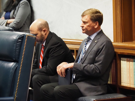 Rep. Kendell Culp, R-Rensselaer, listens to his farmland ownership bill in the Senate on March 4, 2024. (Whitney Downard/Indiana Capital Chronicle)