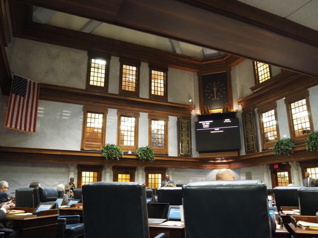 Indiana senators sit through lengthy discussion on a bill loosening employment restrictions for teenagers on Tuesday, March 5, 2024. (Leslie Bonilla Muñiz/Indiana Capital Chronicle)