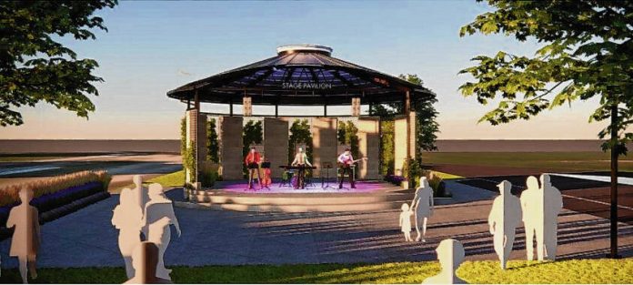 A rendering of the stage at Umbarger Plaza, set to open in fall of 2024. The town of Bargersville received a READI grant to help pay for the project. Provided by the town of Bargersville