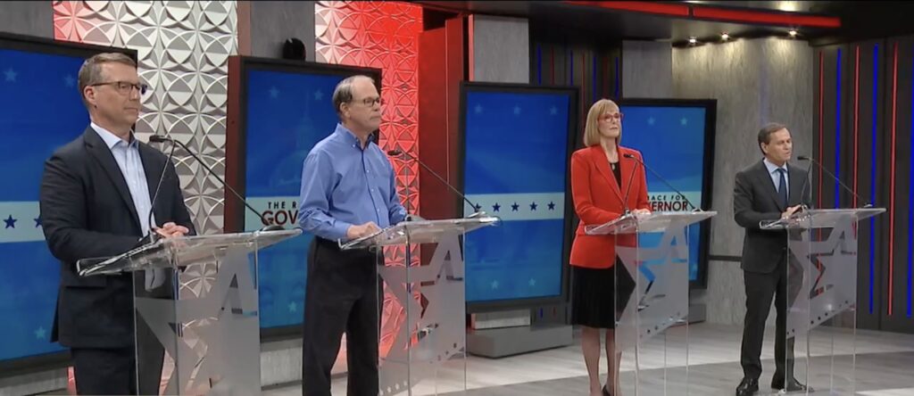 Republican candidates (from left) Eric doden,  U.S. Sen. Mike Braun,  Lt. Gov. Suzanne Crouch and Brad Chambers debate on Tuesday, March 26, 2024. (Screenshot of FOX59/CBS4 livestream)