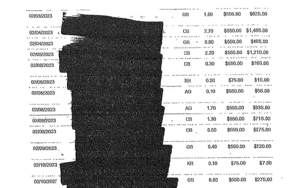 An example of redacted legal invoices for services provided to Indiana Attorney General Todd Rokita’s office.