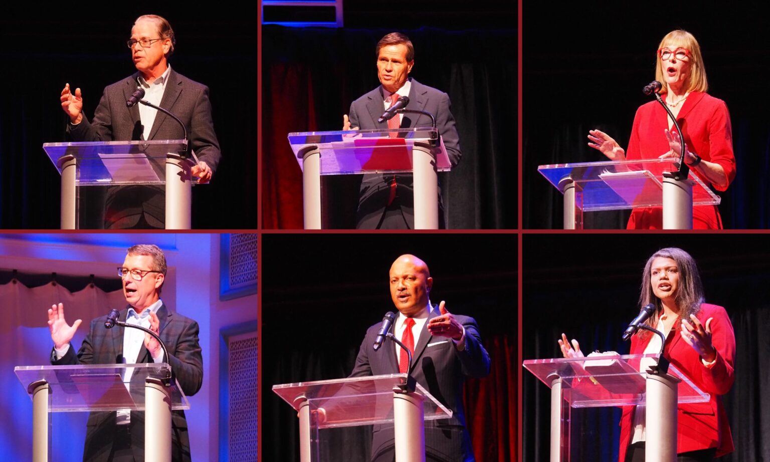 The six GOP gubernatorial hopefuls participate in a March 11 debate in Carmel. Clockwise from left: U.S. Sen. Mike Braun, Brad Chambers, Lt. Gov. Suzanne Crouch, Jamie Reitenour, former Attorney General Curtis Hill and Eric Doden. (Whitney Downard/Indiana Capital Chronicle)