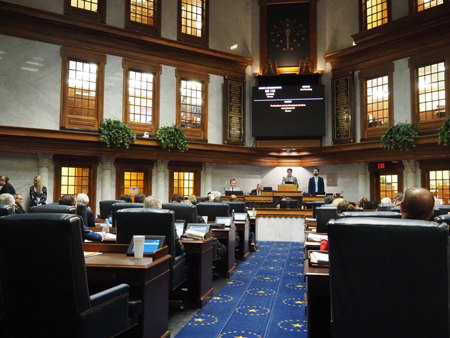 The Indiana Senate Chamber during session on Monday, Feb. 5, 2024. (Leslie Bonilla Muñiz/Indiana Capital Chronicle)